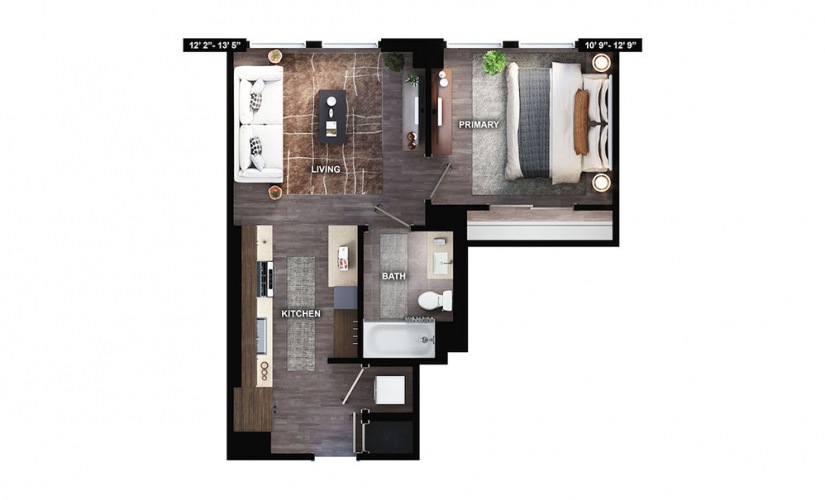 A1 - 1 bedroom floorplan layout with 1 bath and 609 square feet.