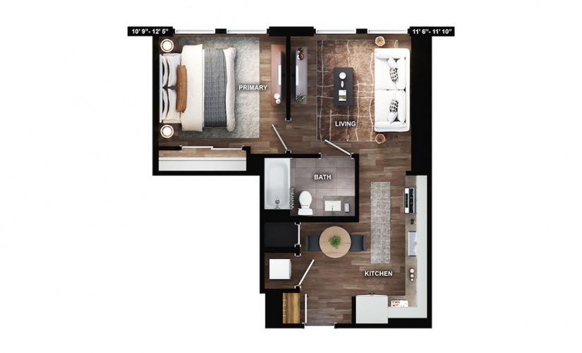 A2 - 1 bedroom floorplan layout with 1 bath and 644 square feet.