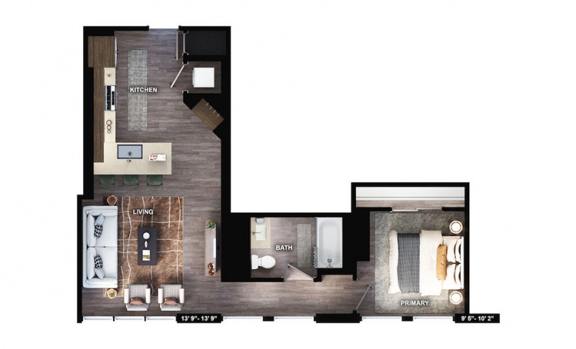 A3.1 - 1 bedroom floorplan layout with 1 bath and 721 square feet.