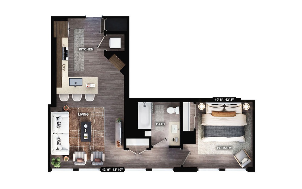 A3 - 1 bedroom floorplan layout with 1 bath and 721 square feet.