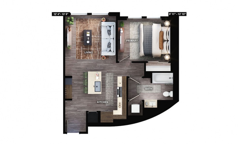 A4 - 1 bedroom floorplan layout with 1 bath and 732 square feet.