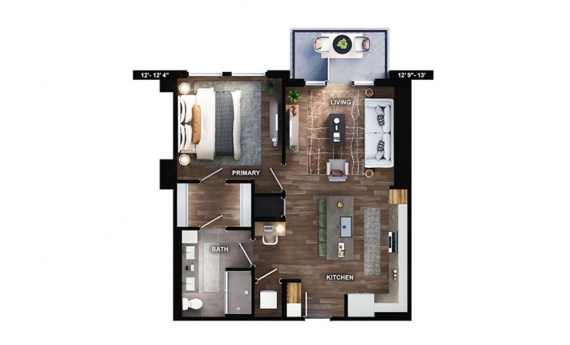 A6 - 1 bedroom floorplan layout with 1 bath and 800 square feet.