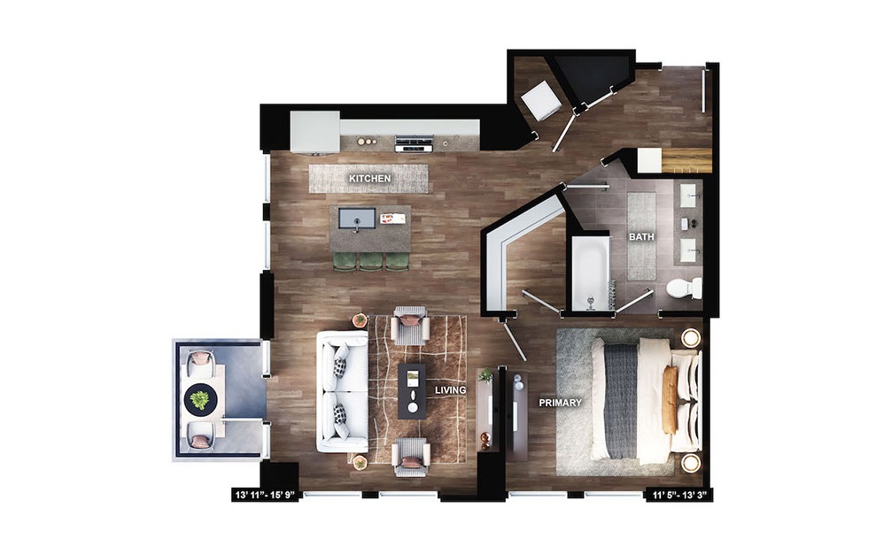 A9 - 1 bedroom floorplan layout with 1 bath and 844 square feet.