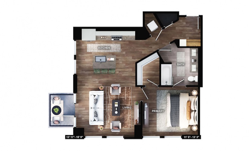 A9 - 1 bedroom floorplan layout with 1 bath and 844 square feet.