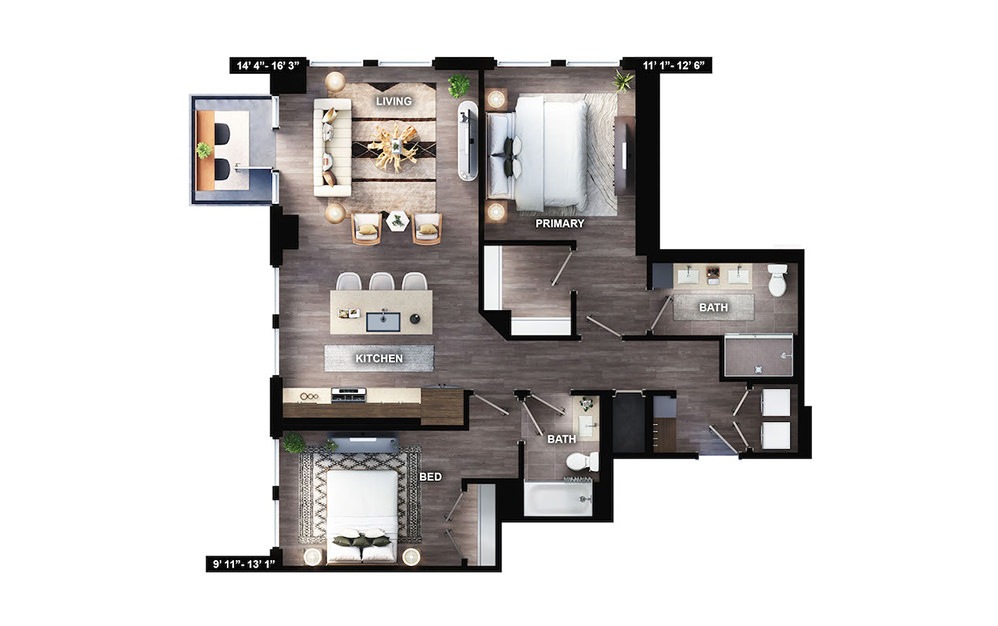 B1 - 2 bedroom floorplan layout with 2 baths and 1156 square feet. (Preview)