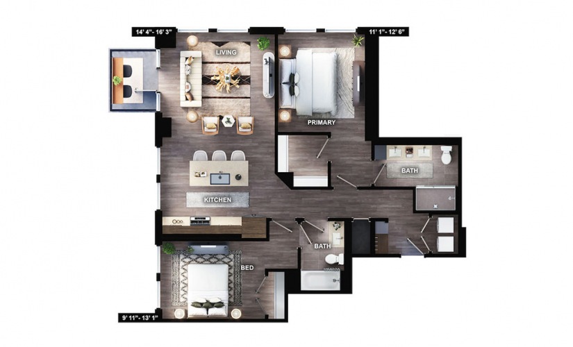 B1 - 2 bedroom floorplan layout with 2 baths and 1156 square feet.