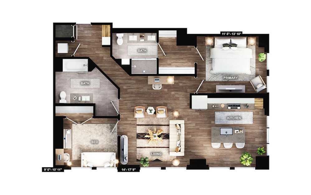 B2A - 2 bedroom floorplan layout with 2 baths and 1199 square feet. (Preview)