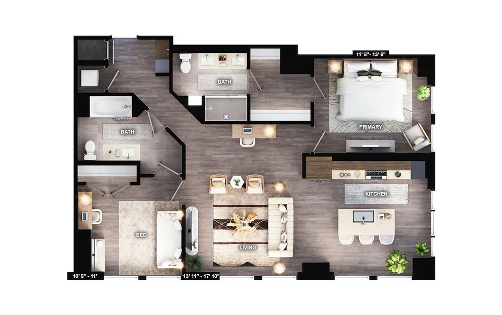 B2 - 2 bedroom floorplan layout with 2 baths and 1199 square feet. (Preview)