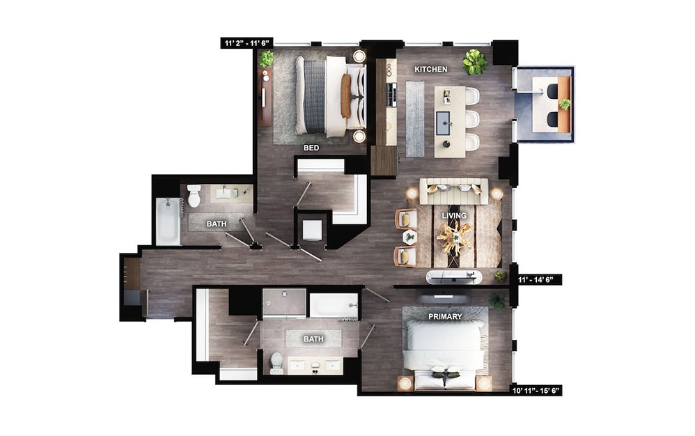 B3 - 2 bedroom floorplan layout with 2 baths and 1228 square feet. (Preview)