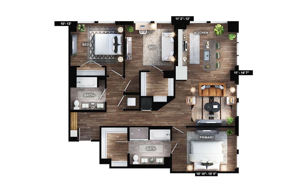 C1 - 3 bedroom floorplan layout with 2 baths and 1456 square feet.