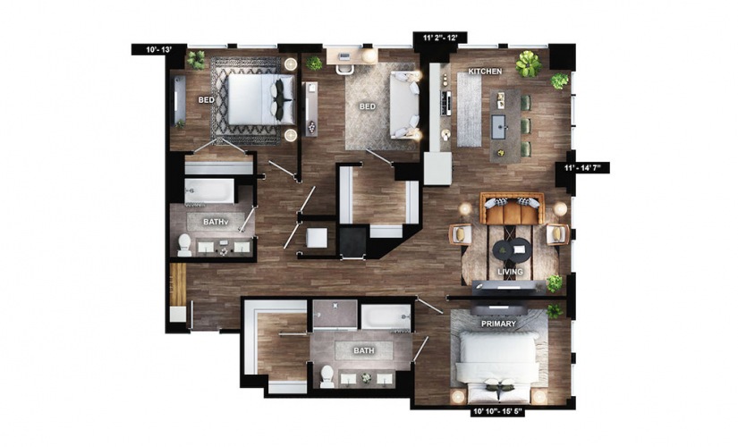 C1A - 3 bedroom floorplan layout with 2 baths and 1456 square feet.