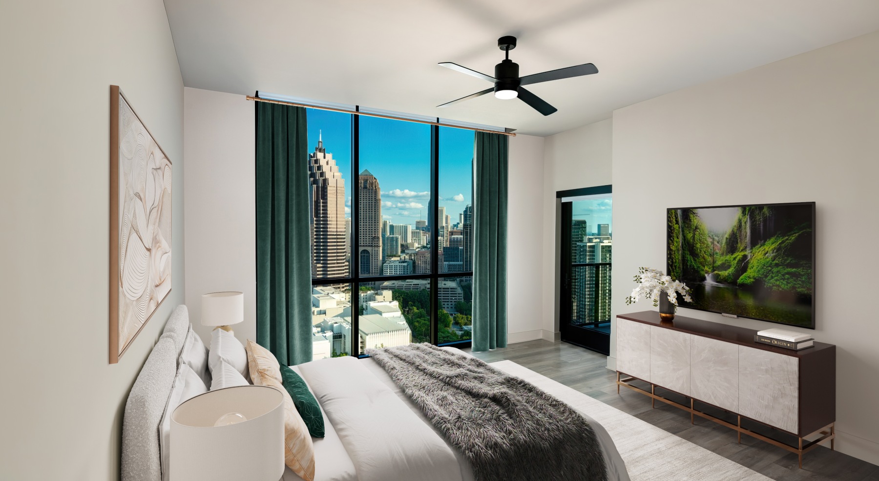 nomia penthouse bedroom balcony door city views floor to ceiling windows bed tv credenza