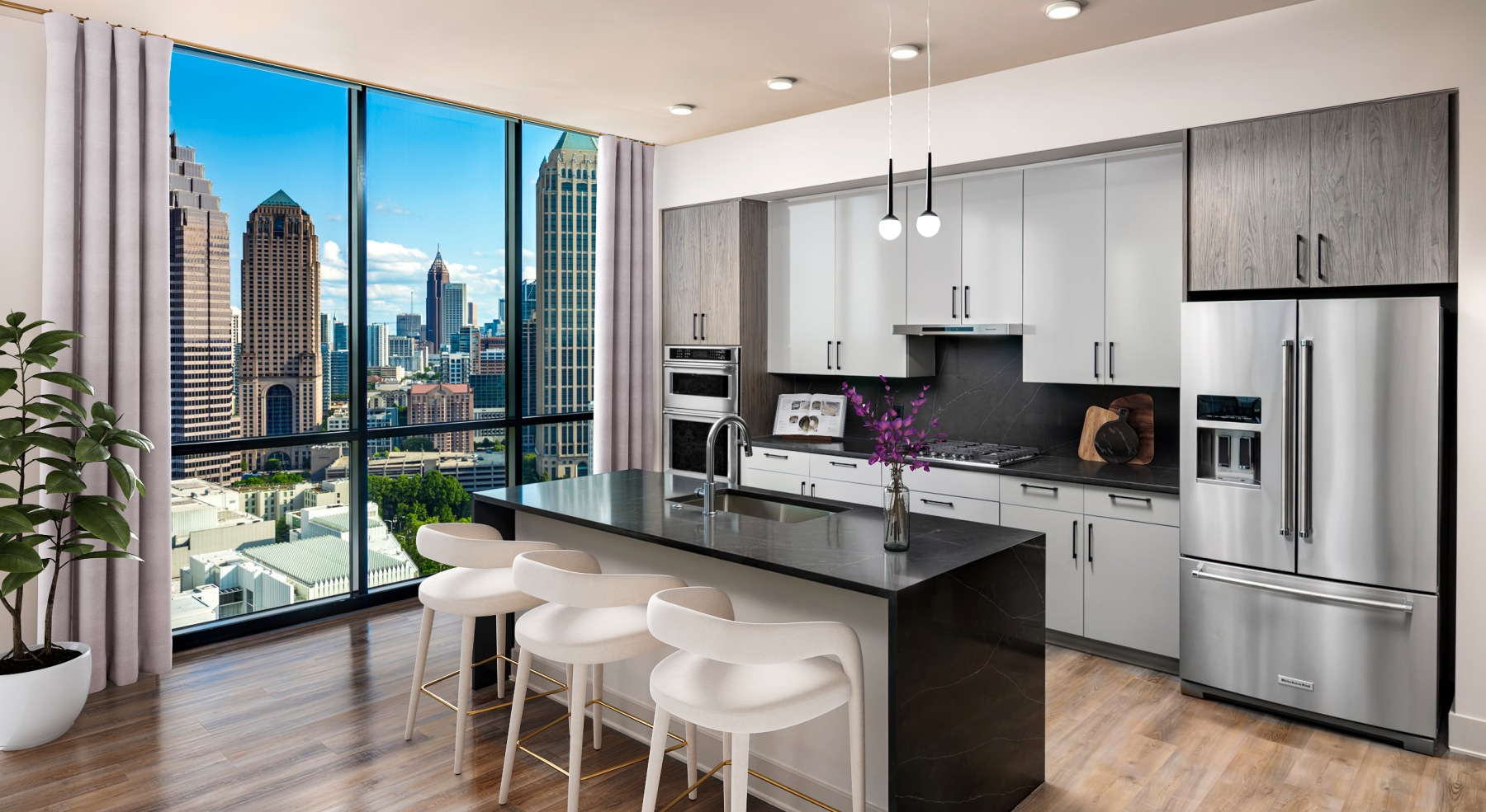 nomia penthouse floor to ceiling windows city views living area kitchen island barstools