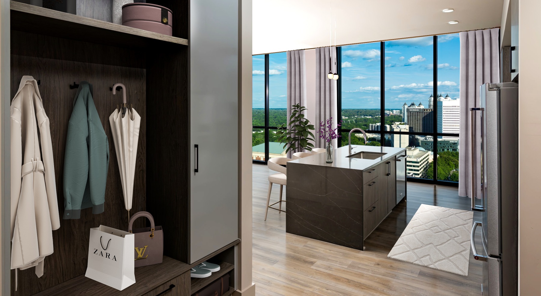 nomia penthouse entry built in coat rack shelves closet kitchen view