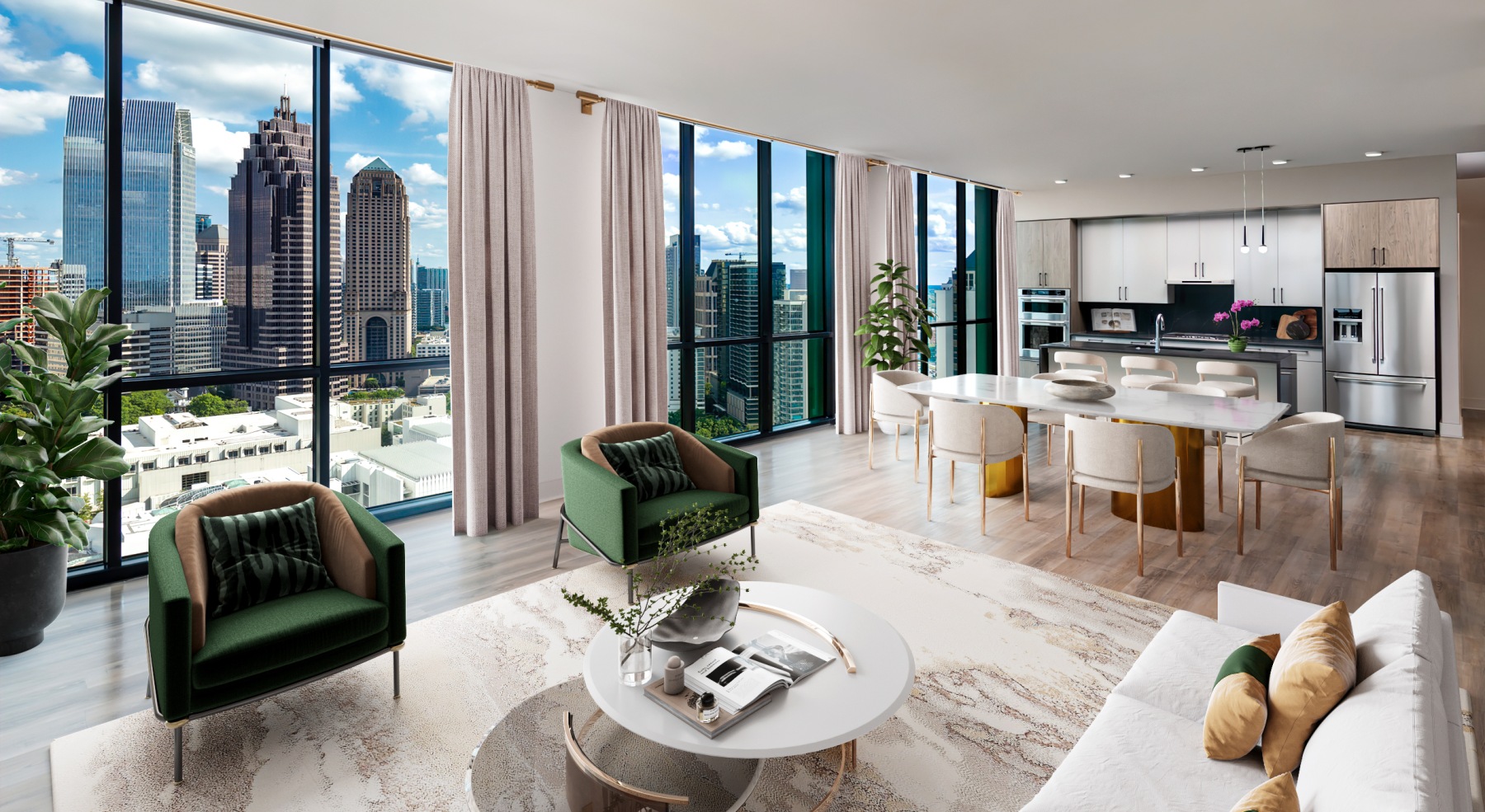 nomia penthouse floor to ceiling windows city views living area kitchen island barstools dining set