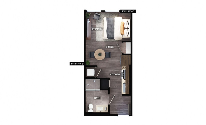 M1 - Studio floorplan layout with 1 bath and 382 square feet.