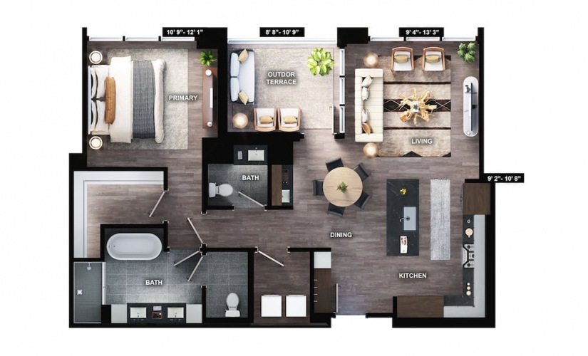 PH-A1 - 1 bedroom floorplan layout with 1.5 bath and 1047 square feet.