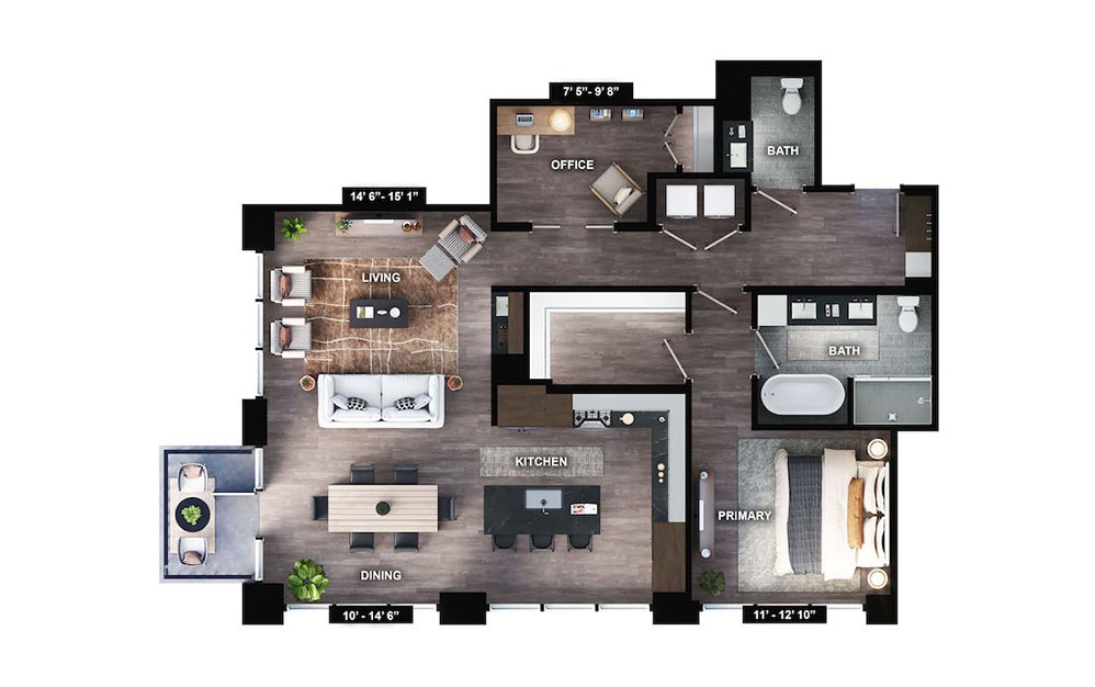 PH-A2 - 1 bedroom floorplan layout with 1.5 bath and 1288 square feet. (Preview)