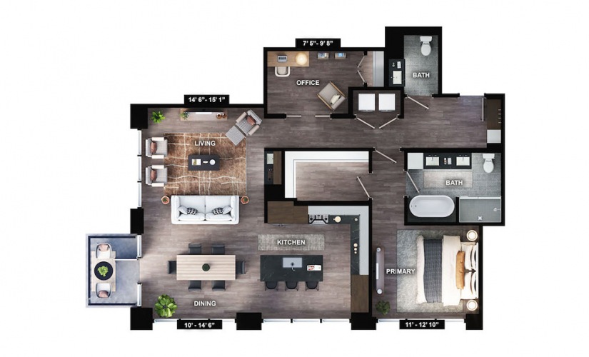 PH-A2 - 1 bedroom floorplan layout with 1.5 bath and 1288 square feet.