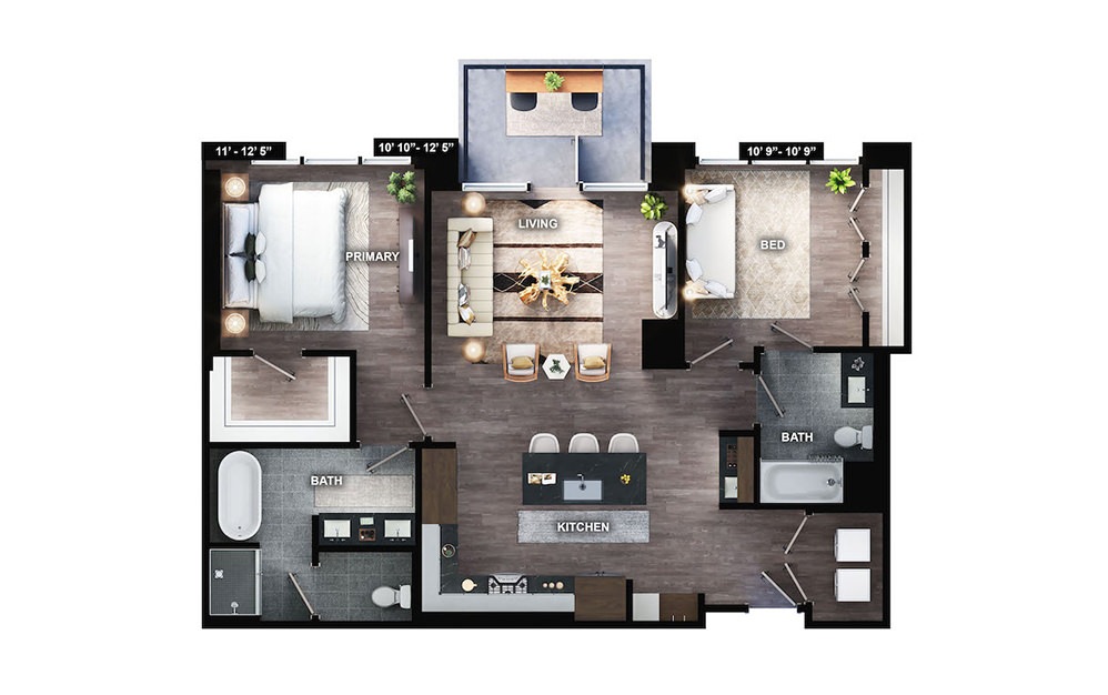 PH-B1 - 2 bedroom floorplan layout with 2 baths and 1174 square feet. (Preview)