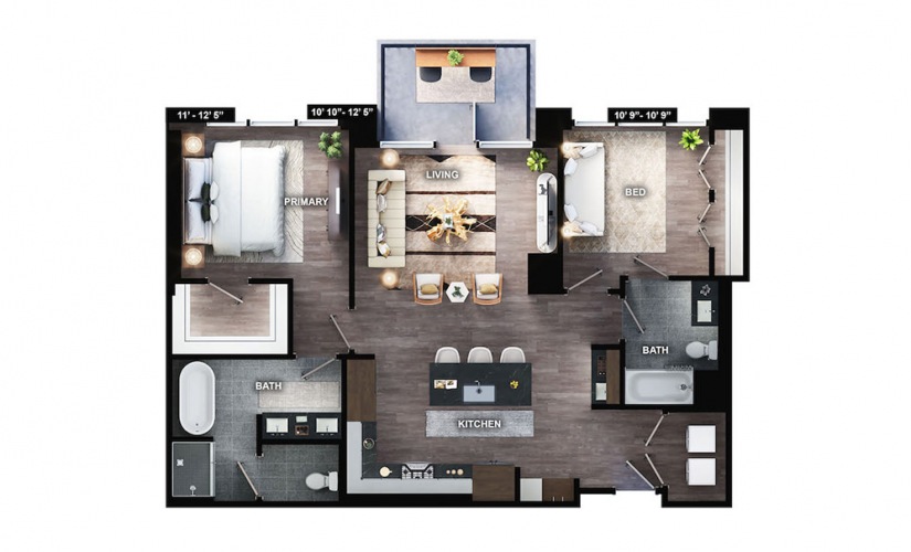 PH-B1 - 2 bedroom floorplan layout with 2 baths and 1174 square feet.