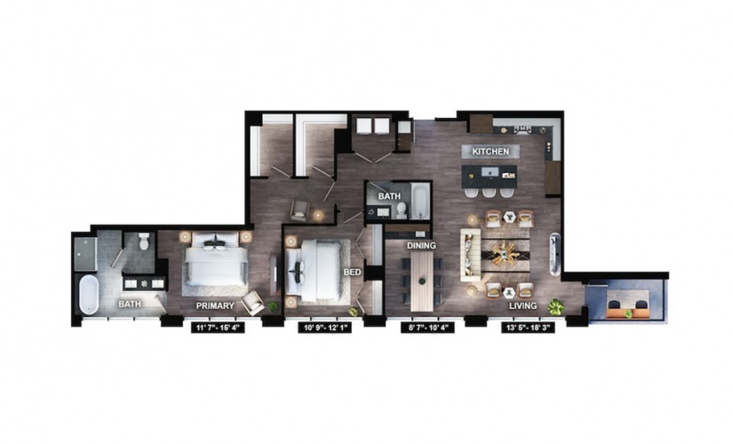 PH-C1 - 3 bedroom floorplan layout with 2 baths and 1532 square feet.