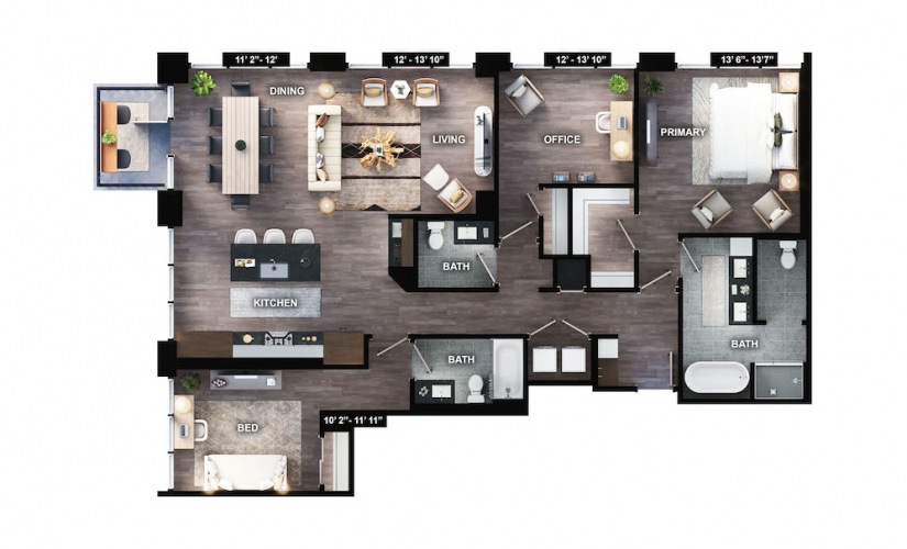 PH-C2 - 3 bedroom floorplan layout with 3 baths and 1650 square feet.