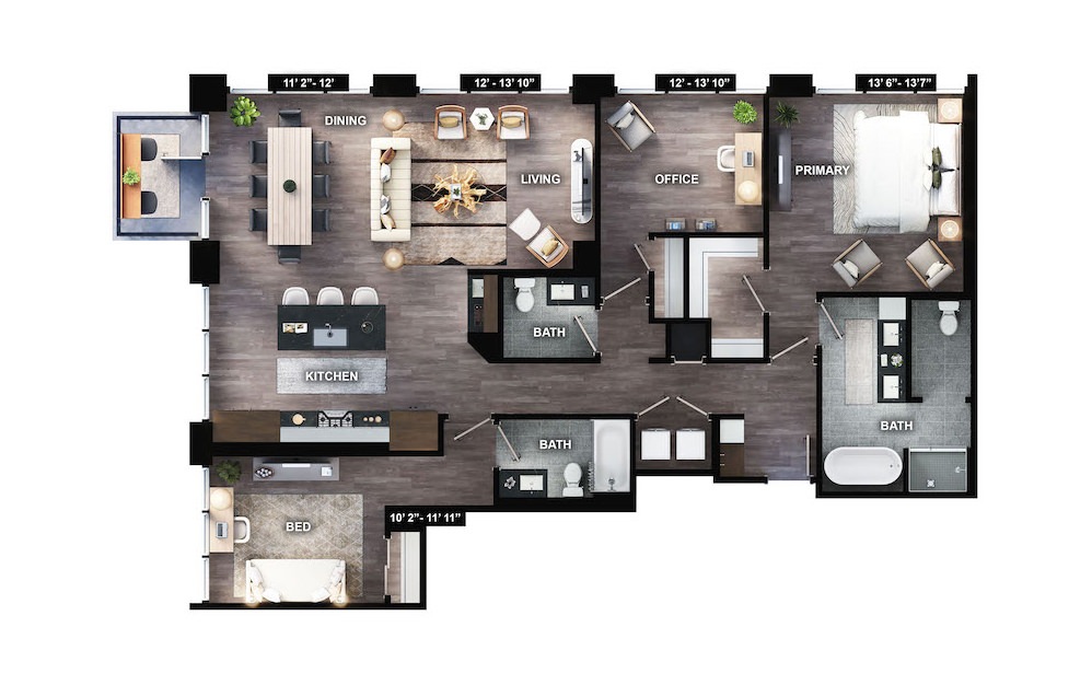 PH-C2 - 3 bedroom floorplan layout with 3 baths and 1650 square feet. (Preview)