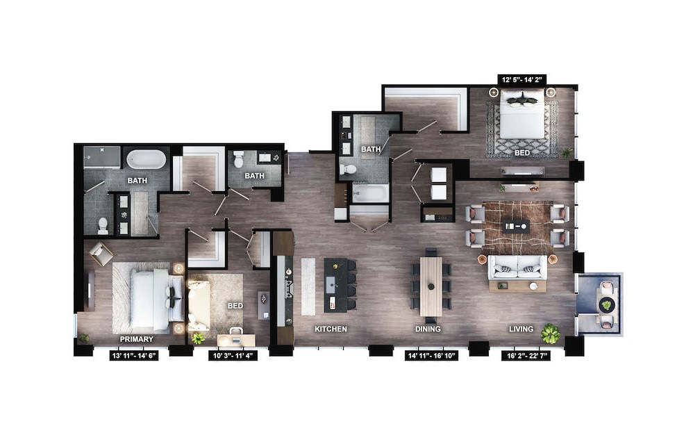 PH-C3 - 3 bedroom floorplan layout with 2.5 baths and 2192 square feet.